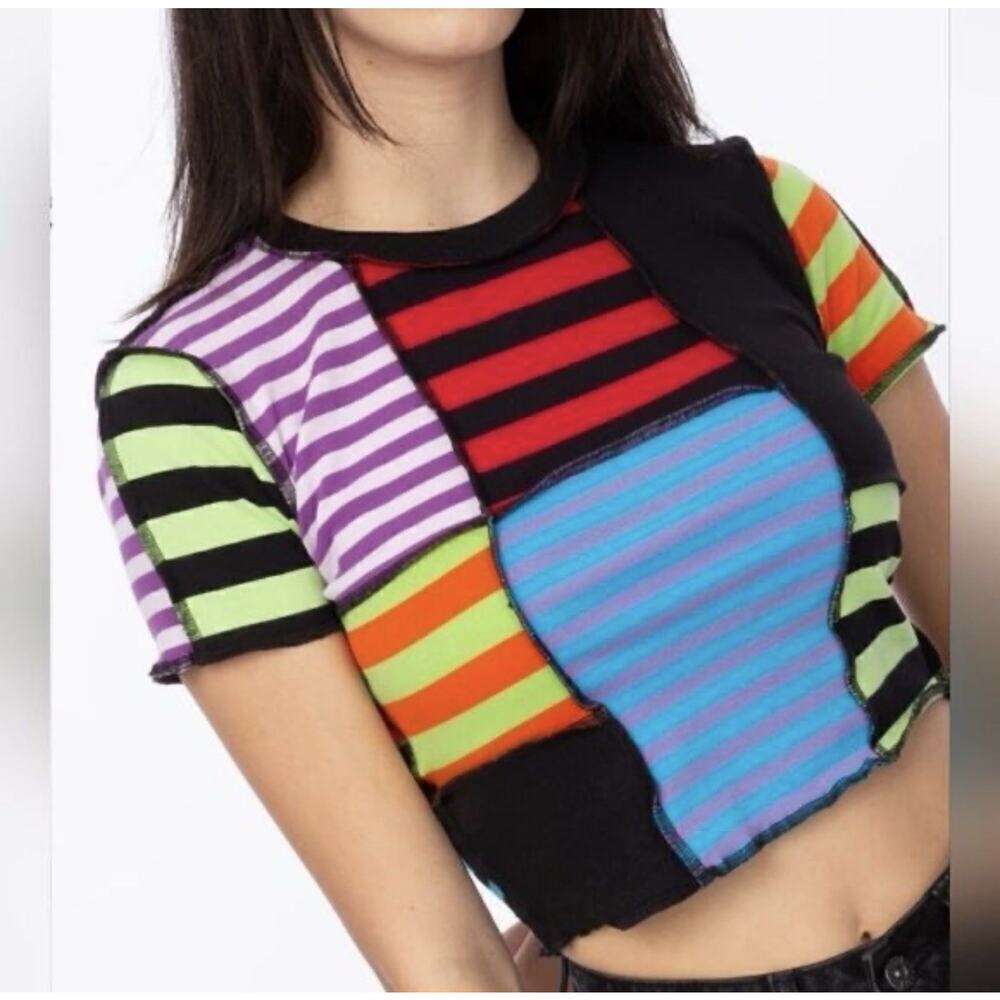 The Ragged Priest Multicolor Striped Patchwork Short Sleeve Tee